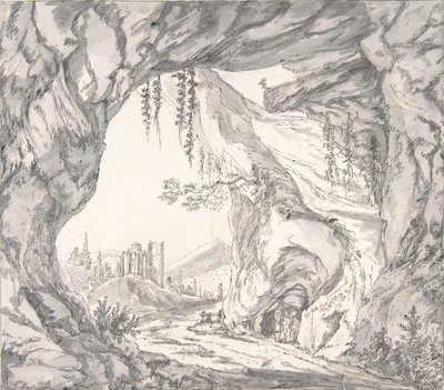 Hegyvidéki táj kastélyromokkal és három ember a barlangban..., 18. század vége – 19. század eleje. alkotó: Johann Huber