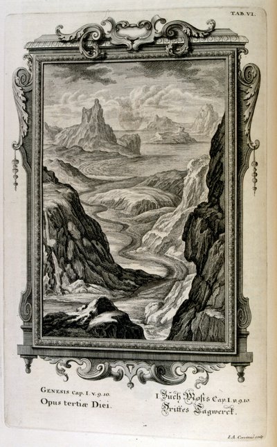 A Genezis teremtési narratívája mind a judaizmus, mind a kereszténység teremtésmítosza. A teremtés harmadik napja: A tengerek létrejönnek alkotó: Johann Jakob Scheuchzer