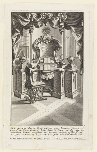 Egy formázott asztal, ... (íróasztal és szék) alkotó: Johann Jakob Schübler