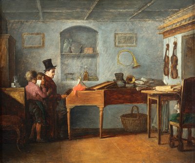 Az iskolamester a fiúkkal laposan énekel a zongorapárnál Johann Michael Neder alkotó: Johann Michael Neder