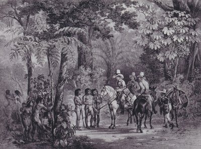Az indiánok találkozása az európai felfedezőkkel a „Picturesque Voyage to Brazíliába” c. alkotó: Johann Moritz Rugendas
