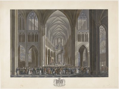 I. Vilmos király áldása a brüsszeli Szent Gudula-templomban 1815. szeptember 21-én Tizenkét lemez I. Vilmos brüsszeli érkezéséről és beiktatásáról, valamint az 1815-ös Quatre-Bras-i és Waterloo-i csatákról (sorozat címe) alkotó: Johann Nepomuk Gibèle (possibly)