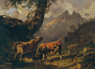 Tehenet kergető bika a háttérben Carrara közelében alkotó: Johann Nepomuk Rauch