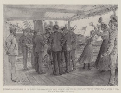 Nemzetközi jóvoltából az úton Kínába, a Prinz Heinrich német gőzhajó a brit himnusszal köszönti a HMS Highflyert Szuezben alkotó: Johann Nepomuk Schonberg