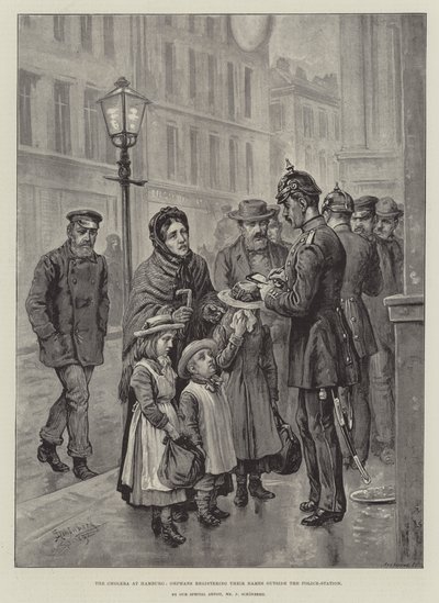 A hamburgi kolera, árvák, akik a rendőrőrs előtt adják meg a nevüket alkotó: Johann Nepomuk Schonberg