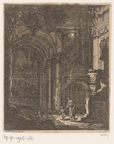 Két alak fáklyával világítja meg az ősi romokat Ősi romok és épületek (sorozat címe) Alcune Inventione de Ruini et Architectura (...) (sorozat címe) alkotó: Johann Oswald Harms
