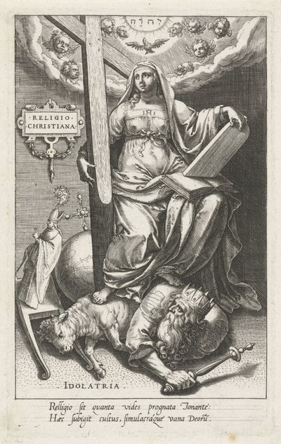 A keresztény vallás (Religio Christiana) legyőzi a bálványimádást (Idolatria) Christiana vallás (cím a tárgyon) Az erények legyőzik a bűnöket (sorozat címe) alkotó: Johann Sadeler (I)