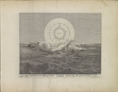 Eerste scheppingsdag: scheiding van licht en darknessen Schepping van de wereld (sorozat címe) Ez a Bibliai Színház az Ó- és Újszövetség Szent Története Bronzlemezeken kifejezve (sorozat címe) alkotó: Johann Sadeler (I)