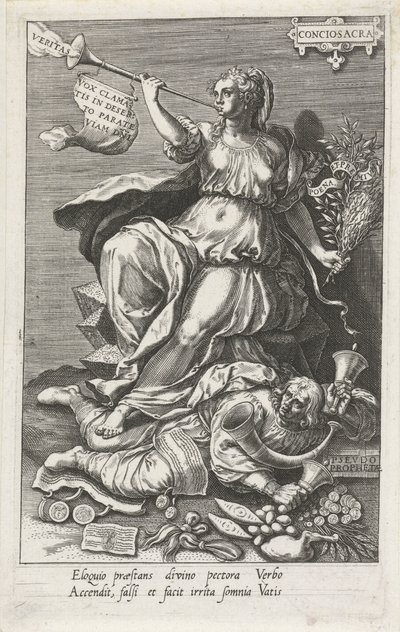 A lelkiismeret (Conciosacra) legyőzi a hamis prófétákat (Pseudo prophetae) Conciosacra (cím a tárgyon) Az erények legyőzik a visszásokat (sorozat címe) alkotó: Johann Sadeler (I)