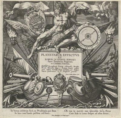 Jupiter en een oorlogsschip met het wapen Alessandro Farnese Titelprent van een prentserie over de influence van de planeten over streken A bolygók és jeleik hatásai az állatövben (sorozat címe) Planetarvm effectvs és eorvm az állatöv jegyeiben (szer alkotó: Johann Sadeler (I)