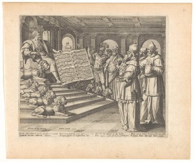 Motettnyomat és címlap Salamonnal, mint az Énekek énekének szerzője Canticum Canticorum (cím a tárgyon) Salamon éneke (sorozat címe) alkotó: Johann Sadeler (I)