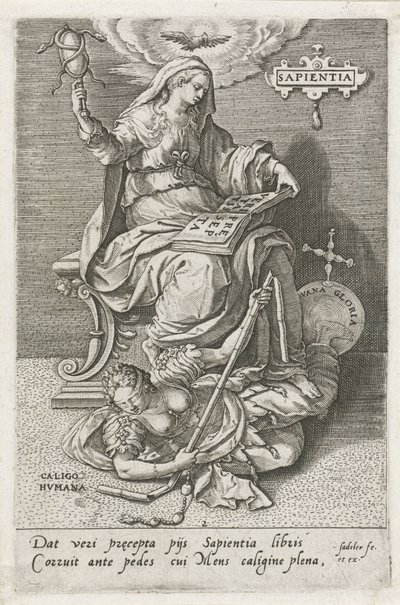 A bölcsesség (Sapientia) legyőzi az emberi zavarodottságot (Caligo Humana) sapientia (cím a tárgyon) Az erények legyőzik a bűnöket (sorozat címe) alkotó: Johann Sadeler (I)