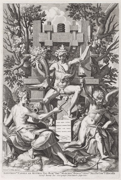 Bacchus Hordón ülve Ámor és zene között, c. 1590. alkotó: Johann Sadeler I