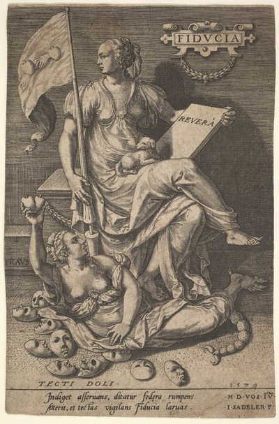 Fiducia, egy ülő nő könyvet és transzparenst tart, miközben elfordítja a fejét egy csupasz br..., 1579. alkotó: Johann Sadeler I