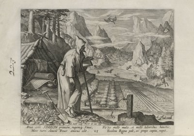 Simeon, a Sylvae Sacrae sorozat 23. lapja a 30-ból (Remeték tájakon) alkotó: Johann Sadeler I