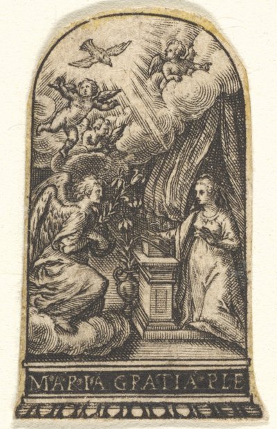 Angyali üdvözlet, Mary letérdel a pultnál, miközben Gabriel közeledik egy felhőn a ..., kb. 1580-1600. alkotó: Johann Theodor de Bry
