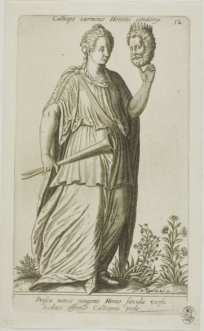 Calliope, az epikus költészet múzsája, 12. lemez a Parnassus Bicepstől alkotó: Johann Theodor de Bry