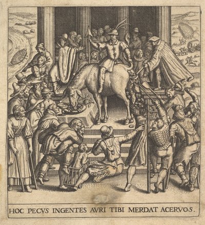 Férfiak gyűjtik az öszvér hátsó negyedéből lehullott trágyát, lovassal ülve ba..., 1592-1614. alkotó: Johann Theodor de Bry