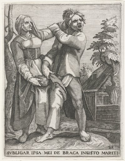 Strijd om de broek A FÉRJEM RAGASZTOTT NADRÁJÁRA FELKÖTÖM MAGAM (cím a tárgyon) Világi jelvények, 1596 (sorozat címe) alkotó: Johann Theodor de Bry