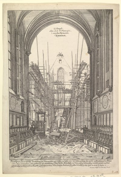 Az újjáépítés alatt álló nürnbergi ferencesek templomának megtekintése, az V....n.d sorozatból. alkotó: Johann Ulrich Kraus