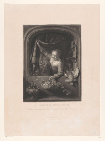 Nő gyümölcskosárral a kezében az ablak mellett La menagerè Hollandaise (cím a tárgyon) alkotó: Johann Wilhelm Kaiser (I)