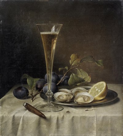 Csendélet pezsgővel és osztrigával, 1857. alkotó: Johann Wilhelm Preyer