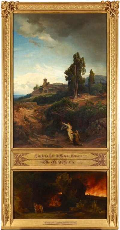 Abrahams Bitte für Sodom (oben). Die Flucht Lots (unten). Aus dem Zyklus "Zwölf biblische Landschaften mit der Geschichte Abrahams" alkotó: Johann Wilhelm Schirmer