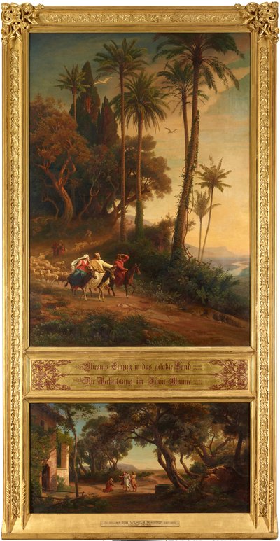 Ábrahám bevonulása az Ígéret Földjére (fent). Ígéret Mamré ligetében (lent). Az „Ábrahám története tizenkét bibliai tájképen” című ciklusból alkotó: Johann Wilhelm Schirmer