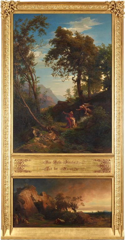Izsák feláldozása (felül). Ábrahám gyásza Sára miatt (alul). Az „Ábrahám történetét ábrázoló tizenkét bibliai táj” ciklusból alkotó: Johann Wilhelm Schirmer