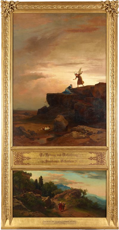 Megváltás és ígéret (felül). Ábrahám és Izsák útja az áldozathozatalra (alul). Az „Ábrahám történetét ábrázoló tizenkét bibliai táj” ciklusból alkotó: Johann Wilhelm Schirmer