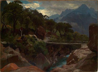 Svájci hegyi folyó gyaloghíddal alkotó: Johann Wilhelm Schirmer