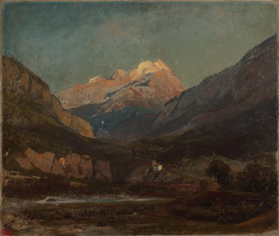 Svájci hegyvidéki táj kápolnával és távoli hófödte csúccsal alkotó: Johann Wilhelm Schirmer