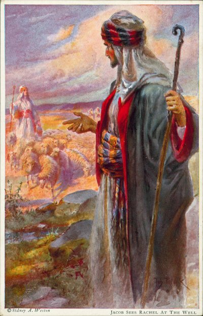 Jákob meglátja Ráhelt a kútnál (színes litográfia) alkotó: Johannes Adolf Tillack