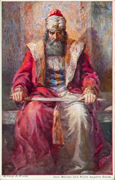 Saul töpreng és összeesküvést sző Dávid ellen (színes litográfia) alkotó: Johannes Adolf Tillack