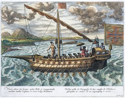 Fusta, illusztráció a „Jan Huyghen van Linschoten, Az Ő beszéde az utazásokról Kelet- és Nyugat-Indiába” című művéből, 1579-92 alkotó: Johannes Baptista van Doetechum the Younger