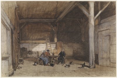 Farmer enteriőr, két férfi és egy nő egy asztalnál, valamint néhány csirke és macska alkotó: Johannes Bosboom