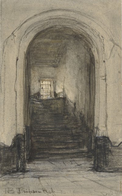 A delfti Prinsenhof lépcsője, ahol 1584-ben meggyilkolták I. Vilmos herceget alkotó: Johannes Bosboom