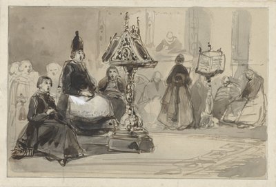Templombelső éneklő püspökkel és apácákkal alkotó: Johannes Bosboom