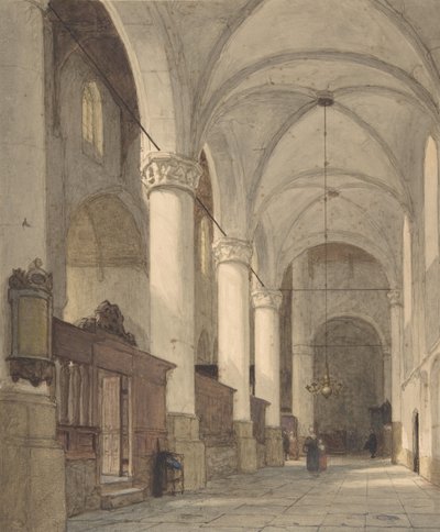 Egy templom boltíves oldalfolyosója, alakokkal, 19. század. alkotó: Johannes Bosboom