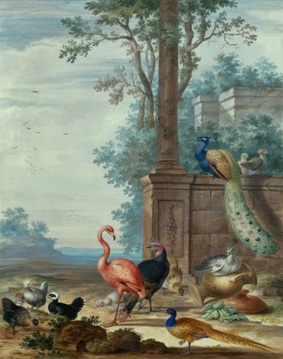 Olasz táj pávával, fácánnal, flamingóval és más tyúkkal (guache) alkotó: Johannes Bronckhorst