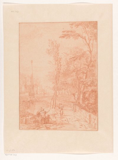 Arkadische Landschaft mit Figuren nahe einem Obelisken alkotó: Johannes Glauber