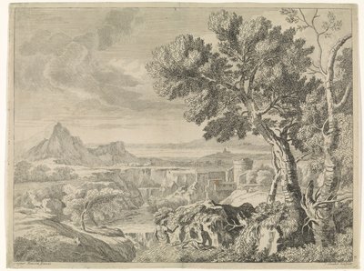 Táj szakadékkal és vízeséssel Tájak Gaspar Poussin után (sorozat címe) alkotó: Johannes Glauber