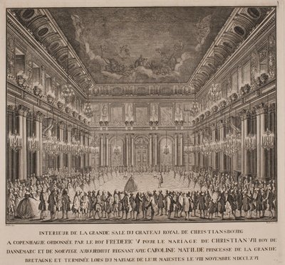 Udvari bál Christiansborg lovagtermében VII. Christian Caroline Mathilde esküvőjén alkotó: Johannes Gottfred Bradt