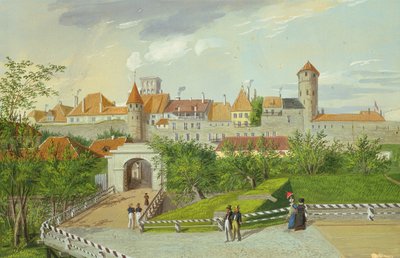 Kilátás a kis parti kapura Hattorpe és Stolting tornyokkal, Tallinn, gouache kartonon) alkotó: Johannes Hau