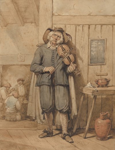 Hegedűs a kocsmában, három emberrel a háttérben, 19. század közepe. alkotó: Johannes Hendrik van West