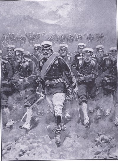 A japán gyalogság támadása, illusztráció a Cassells History of the Russian-Japanese War 1. kötetből, 1900 körül alkotó: Johannes Hermann Barend Koekkoek