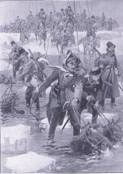 A lovasság bravúrja. Orosz lovasság átkelő egy folyón, illusztráció a Cassells Az orosz-japán háború története, 1. kötet, 1900 körül alkotó: Johannes Hermann Barend Koekkoek