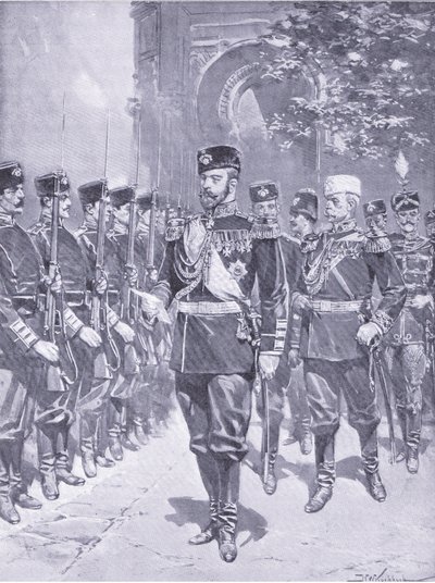Ő Császári Felsége, a cár, illusztráció a Cassells History of the Orosz-Japán háború 1. kötetéből, 1900 körül alkotó: Johannes Hermann Barend Koekkoek