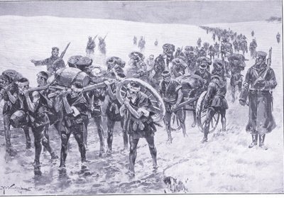 Japán menet közben. Férfiak a falka pónik helyén, illusztráció a Cassells History of the Russian-Japanese War 1. kötetből, 1900 körül alkotó: Johannes Hermann Barend Koekkoek