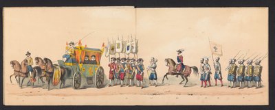 A Groningeni Alkalmazott Tudományok Egyetem hallgatóinak történelmi körmenete, 1850 (4. tábla) Maurits, Orange hercege, Nassau grófja stb. és Willem Lodewijk, Nassau grófja bejáratának jelmezes ábrázolása Groningenben 1594-ben, H.H. alkotó: Johannes Hermanus van de Weijer